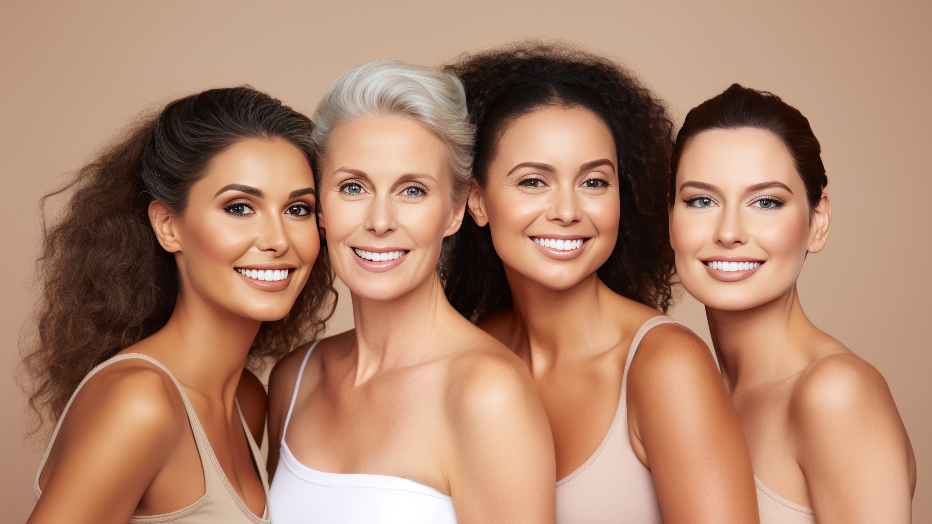 Schönheit, Vielfalt und Porträt von Frauen glücklich mit Make-up für kosmetische Hautpflege isoliert in Studio braunen Hintergrund. Haut, Ästhetik und junge Freunde zusammen für Selbstpflege, Dermatologie und Unterstützung