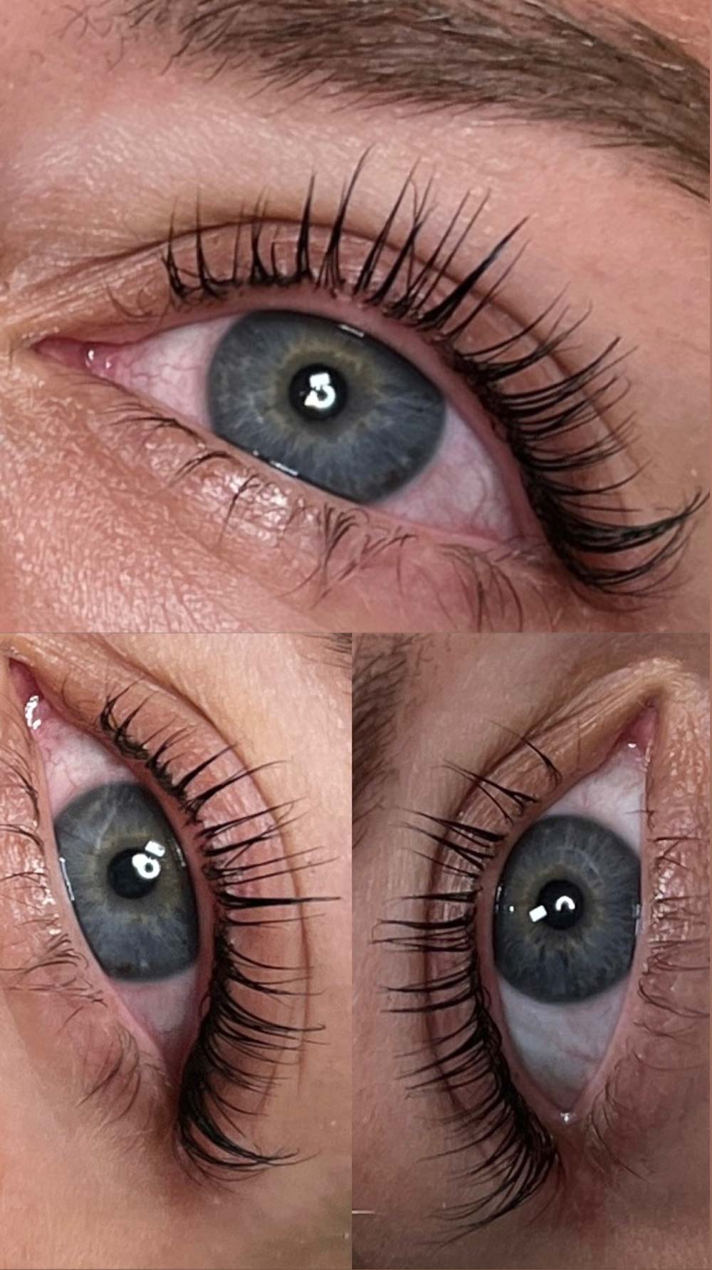 Nahaufnahme von drei blauen Augen mit langen Wimpern, ausdrucksstarker Blick.