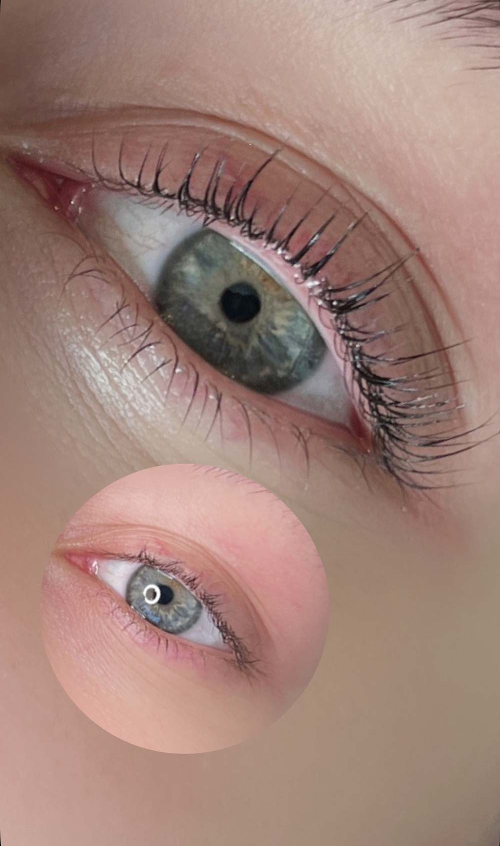 Nahaufnahme eines Auges mit grüner Iris und langen Wimpern, Fokus auf Details und Farben.