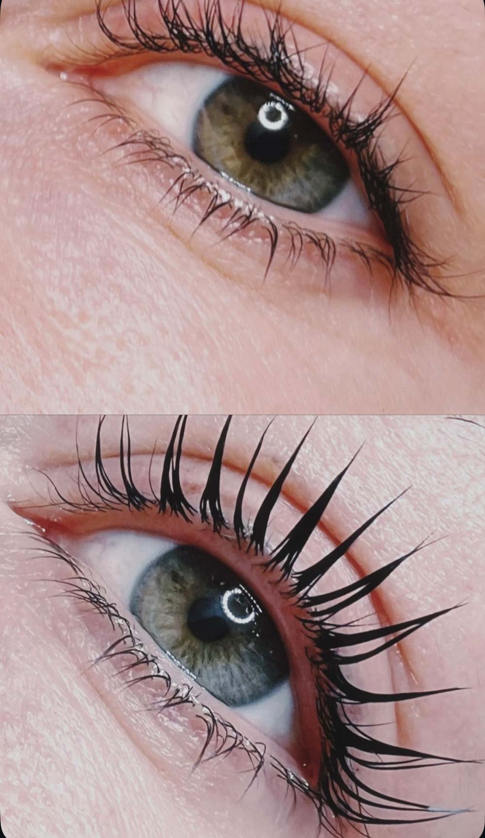Nahaufnahme von zwei Augen mit unterschiedlichen Wimpern; grüne Iris, natürlich vs. geschminkt.