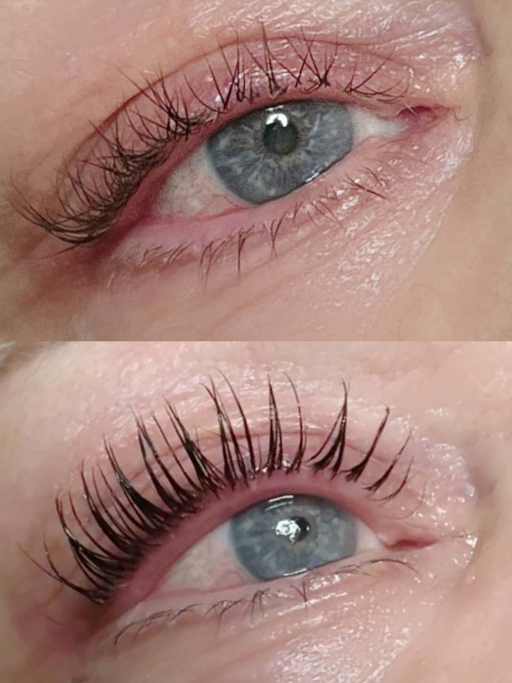 Nahaufnahme eines Auges mit langen Wimpern und blauen Auge, glücklicher Ausdruck, natürlicher Look.
