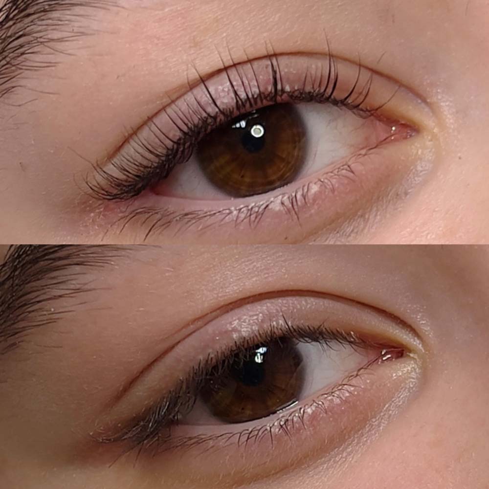 Nahaufnahme von zwei braunen Augen mit und ohne Wimperntusche, neutrale Mimik.