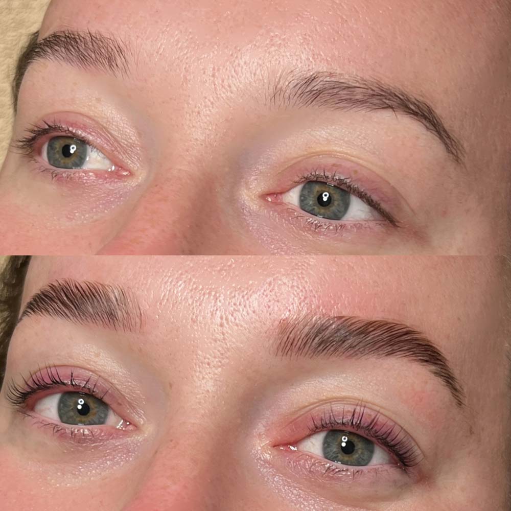 Oben: Nahaufnahme von Augen mit dünnen Augenbrauen. Unten: Gleiche Augen mit dickeren Augenbrauen.