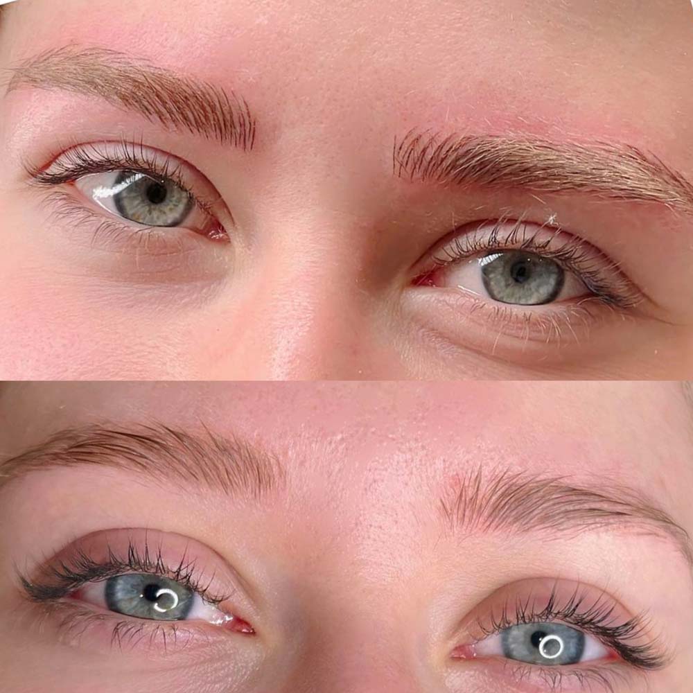 Nahaufnahme von Augen vor und nach dem Make-up mit Augenbrauen- und Wimpernveränderungen.