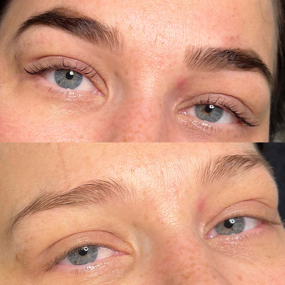 Zwei Paar blaue Augen im Vergleich: Oben lebhaft, unten müde mit weniger definierter Braue.